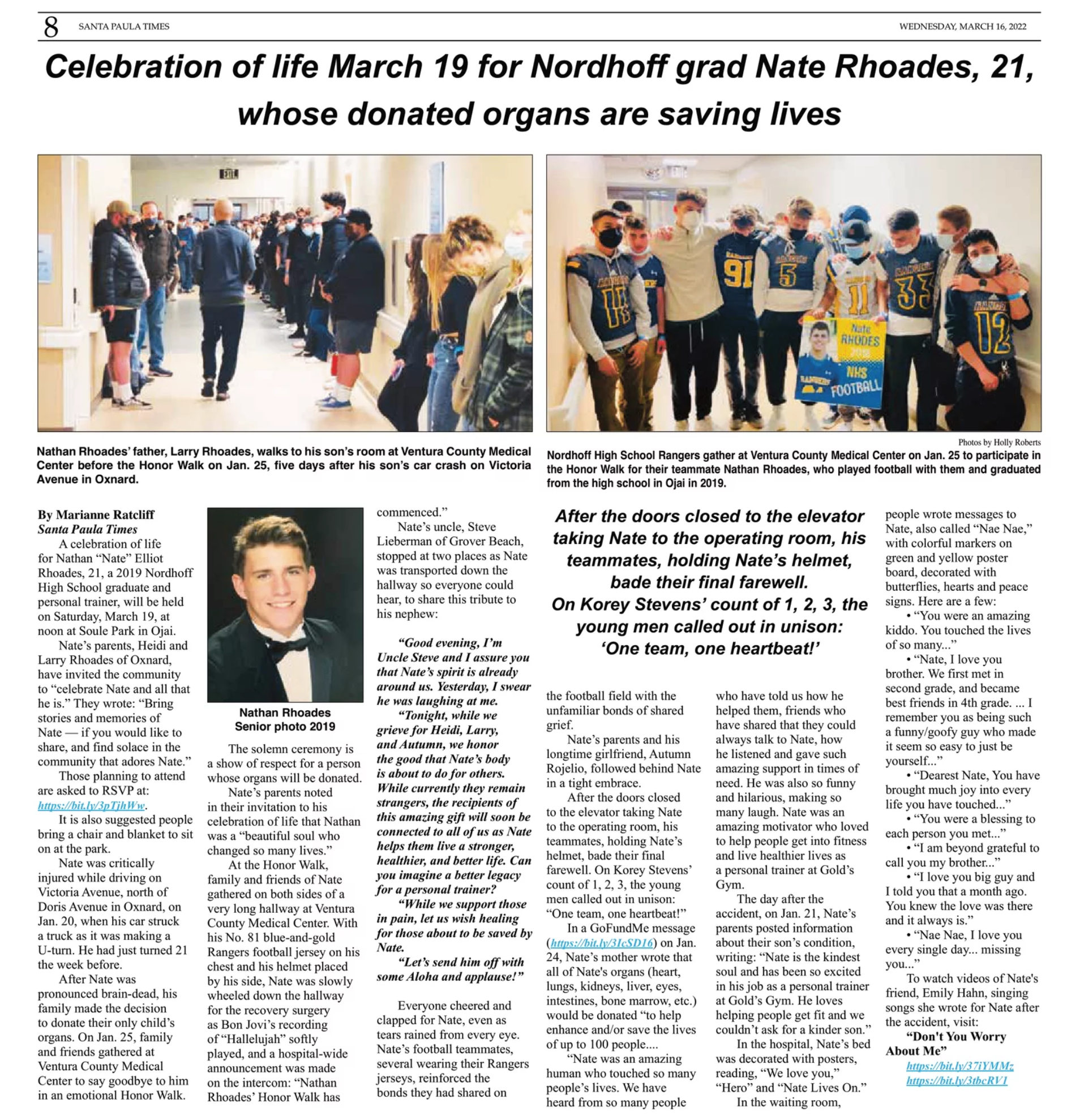 Newspaper photo Celebration of Life for Nate Rhoades