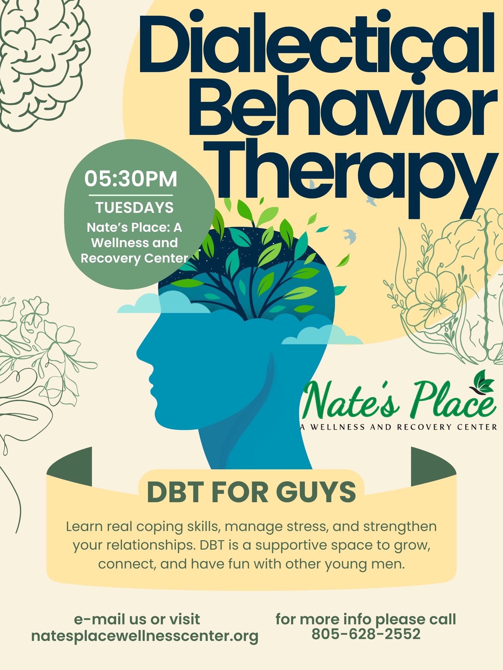 Guys Dialectical Behavior Therapy (DBT) group, 5:30pm Tuesdays
